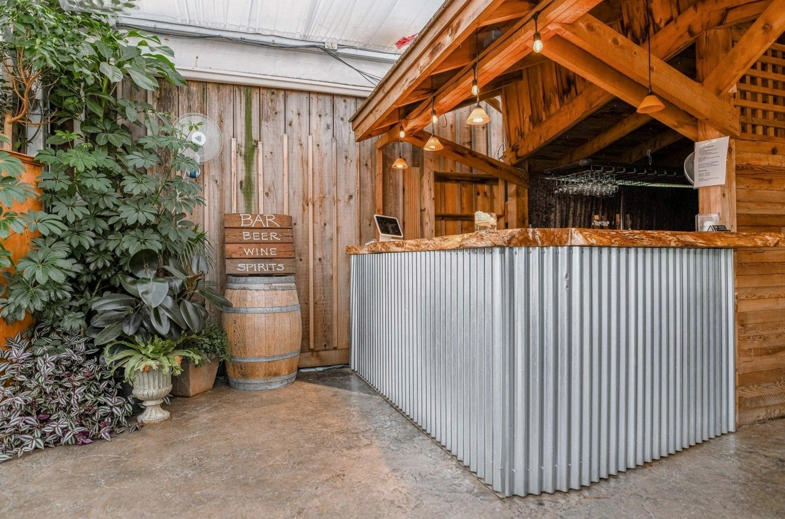 A rustic bar counter made of wood with a corrugated metal front, featuring hanging glasses behind it. To the left, there are several potted plants and a wooden barrel with a sign on it reading "Bar, Beer, Wine, Spirits." The background has a wooden wall and a fan.