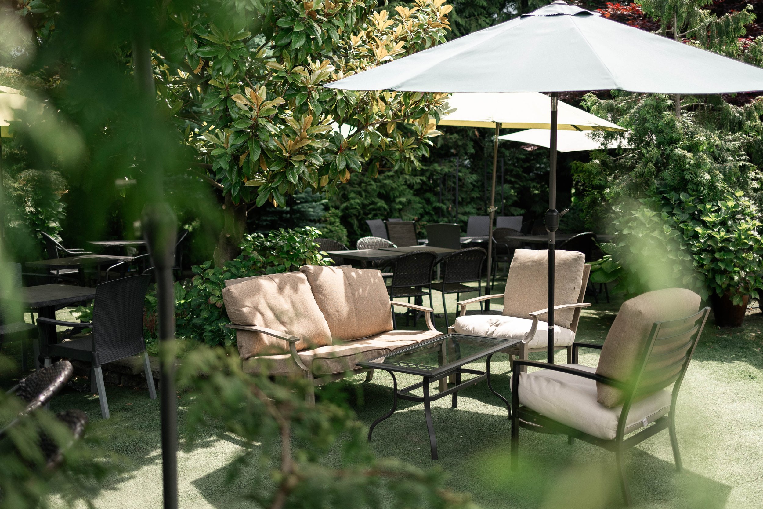 An outdoor seating area with cushioned chairs and tables under large umbrellas surrounded by lush greenery and trees.