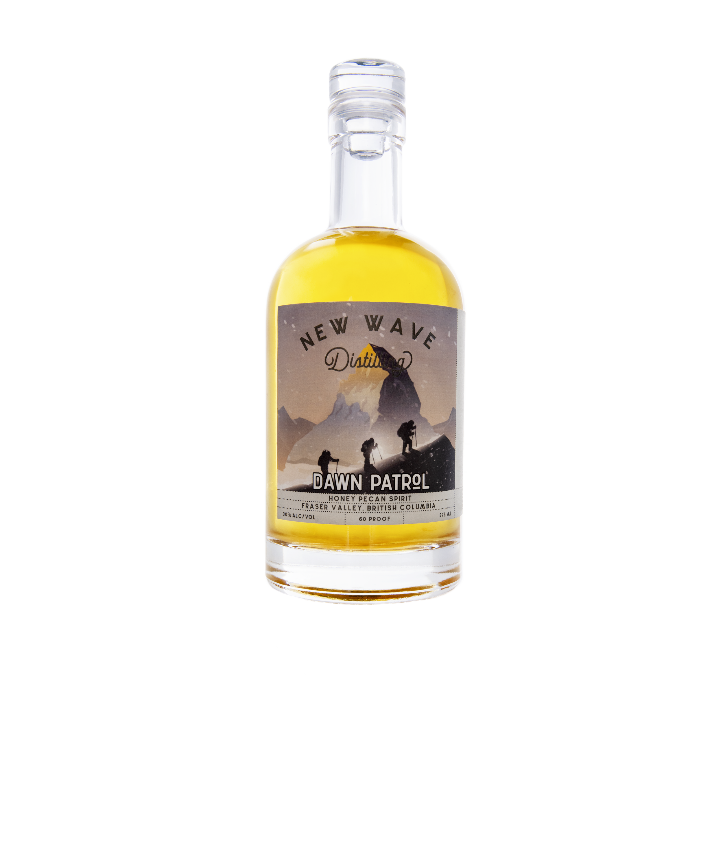 Bottle of New Wave Distilling Dawn Patrol honey pecan spirit with mountain landscape and outdoor climbers on the label
