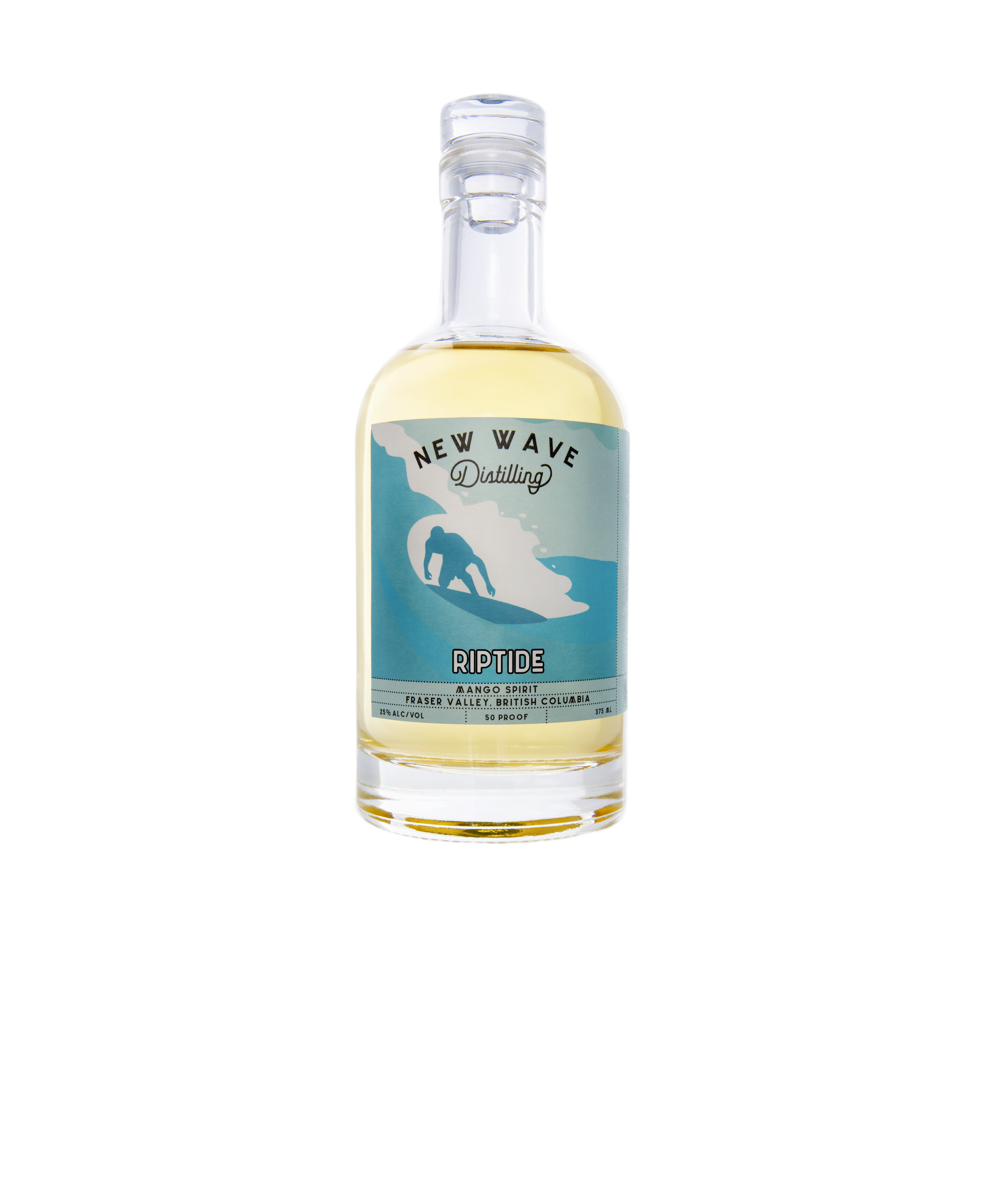 A clear glass bottle of New Wave Distilling Riptide Mango Spirit with a blue and white label featuring a surfing figure and waves, set against a bright background.