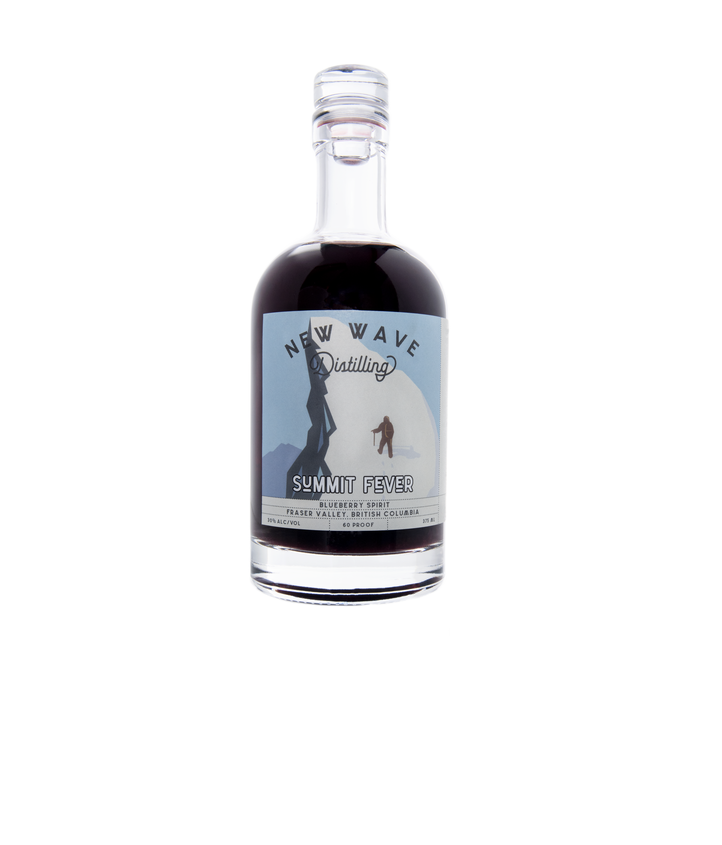 A bottle of New Wave Distilling Summit Fever blueberry spirit with a label featuring a hiker on a mountain trail, set against a mountainous background.