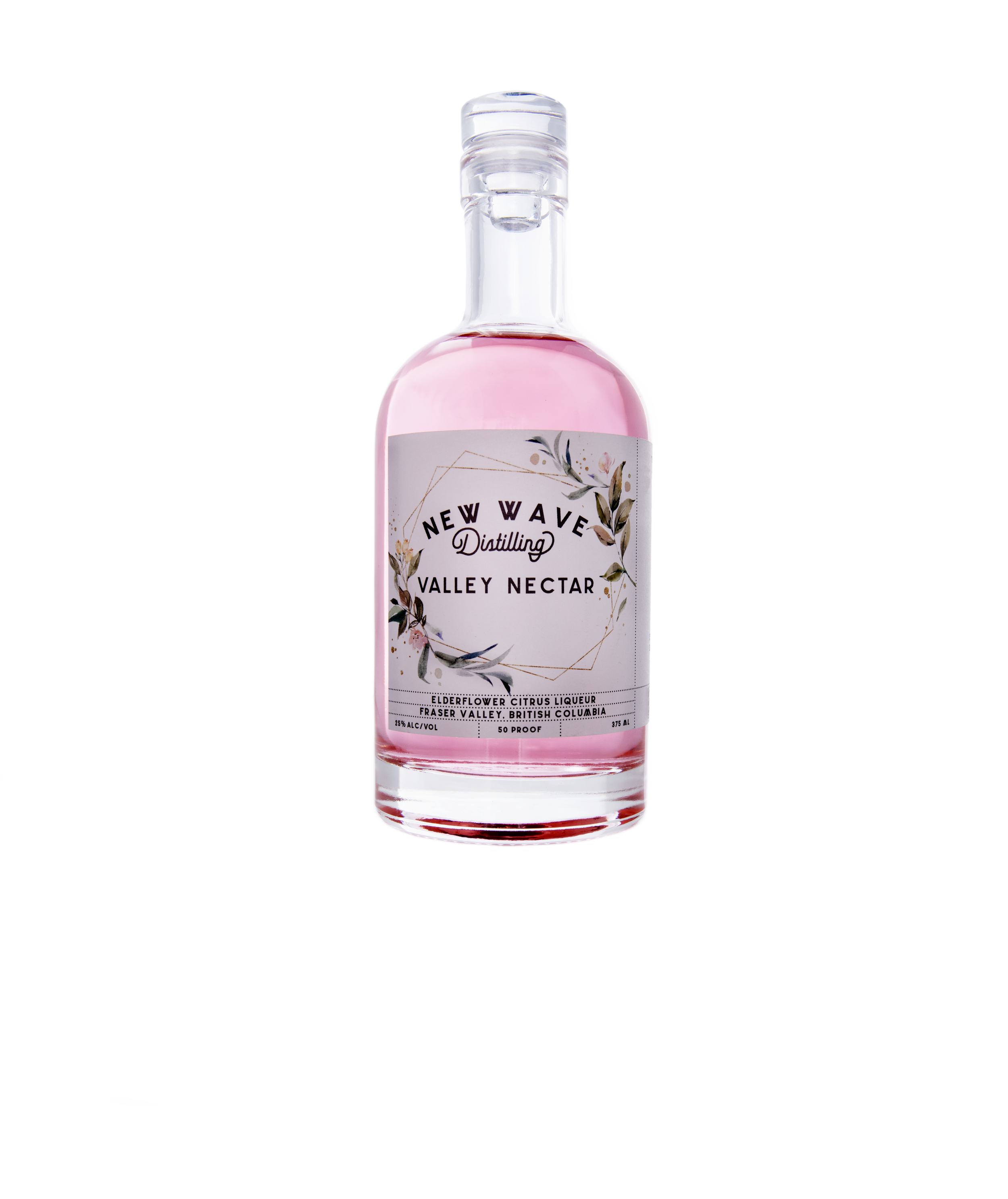 A bottle of pink liquid labeled 'New Wave Distilling Valley Nectar,' a citrus elderflower liqueur from Fraser Valley, British Columbia, 375 ml, 50 proof.