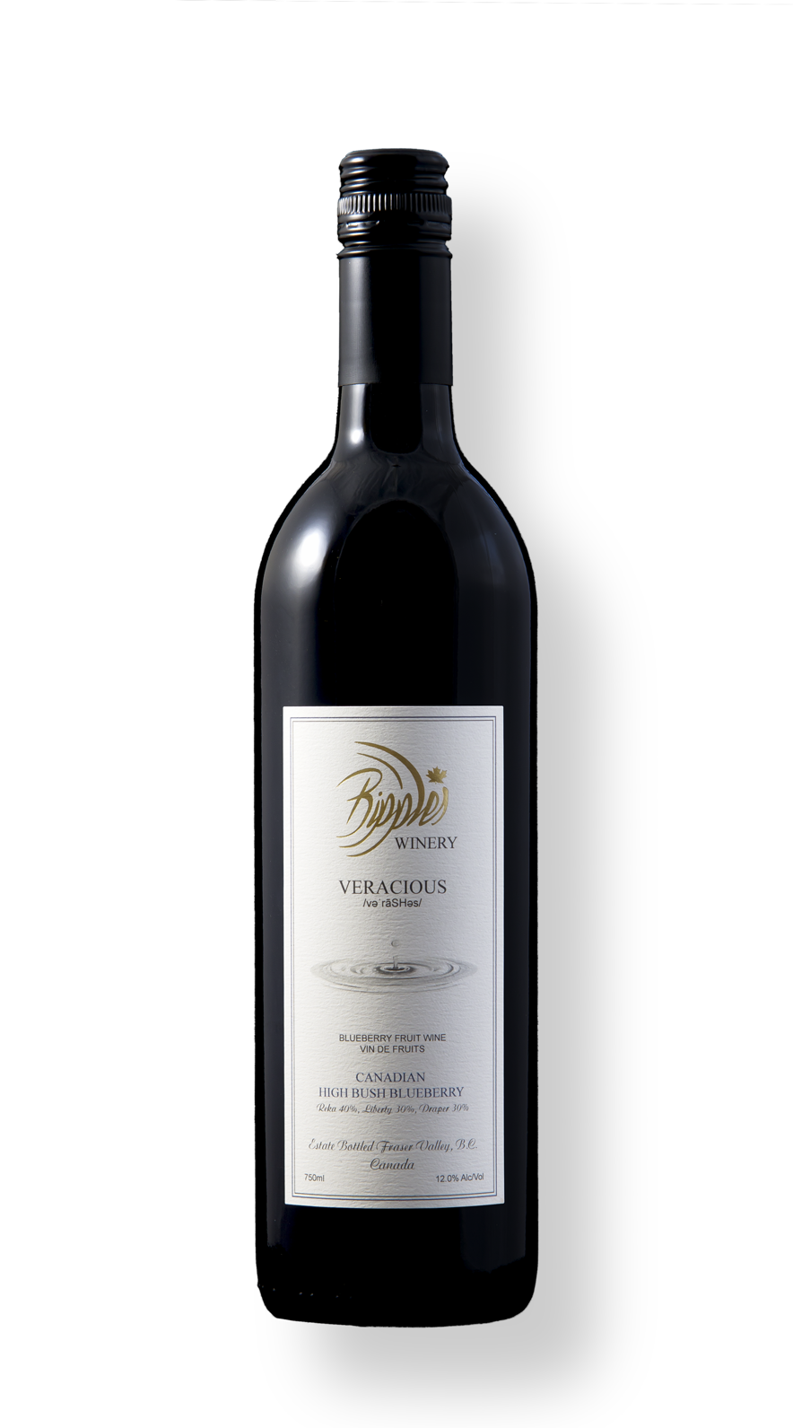 Black bottle of blueberry fruit wine with a white label from Bipple Winery against a black background.